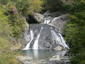 自然に流れる上下二段の大鍋小鍋の滝の写真