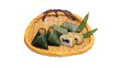 ザルに笹に柿の葉寿司、笹に包まれた寿司、昆布巻きさば棒鮨が並べられた写真