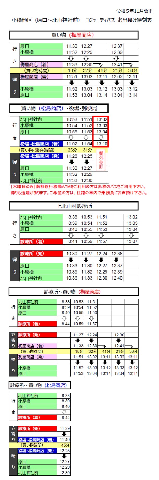 小橡地区（原口～北山神社前）コミュニティバスの時刻表