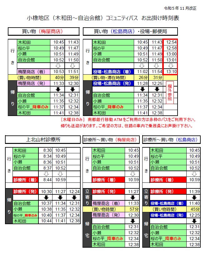 小橡地区（木和田～自治会館）コミュニティバスの時刻表