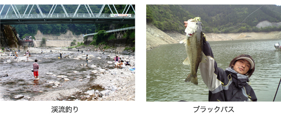 左：橋下の川で水遊びや魚釣りをしている人々の写真、右：釣ったブラックバスを右手で持っている男性の写真