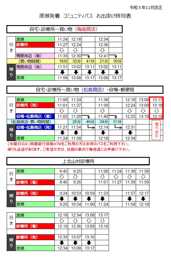 渡瀬発着コミュニティバスの時刻表